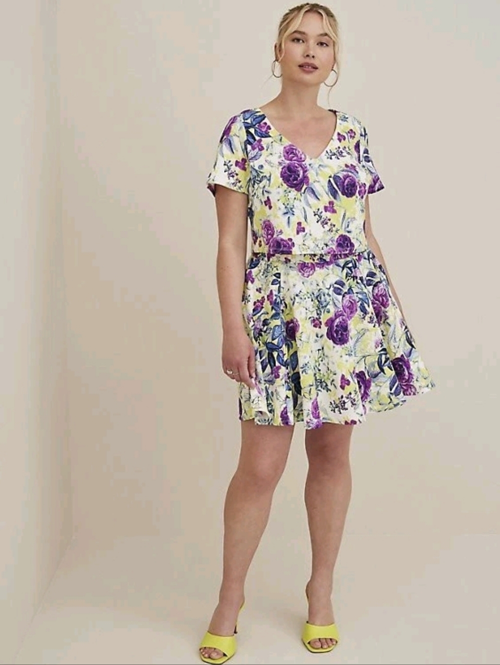 Torrid 1 Skirt Set Purple Yellow Floral Textured Knit Crop Skater 3640-CR